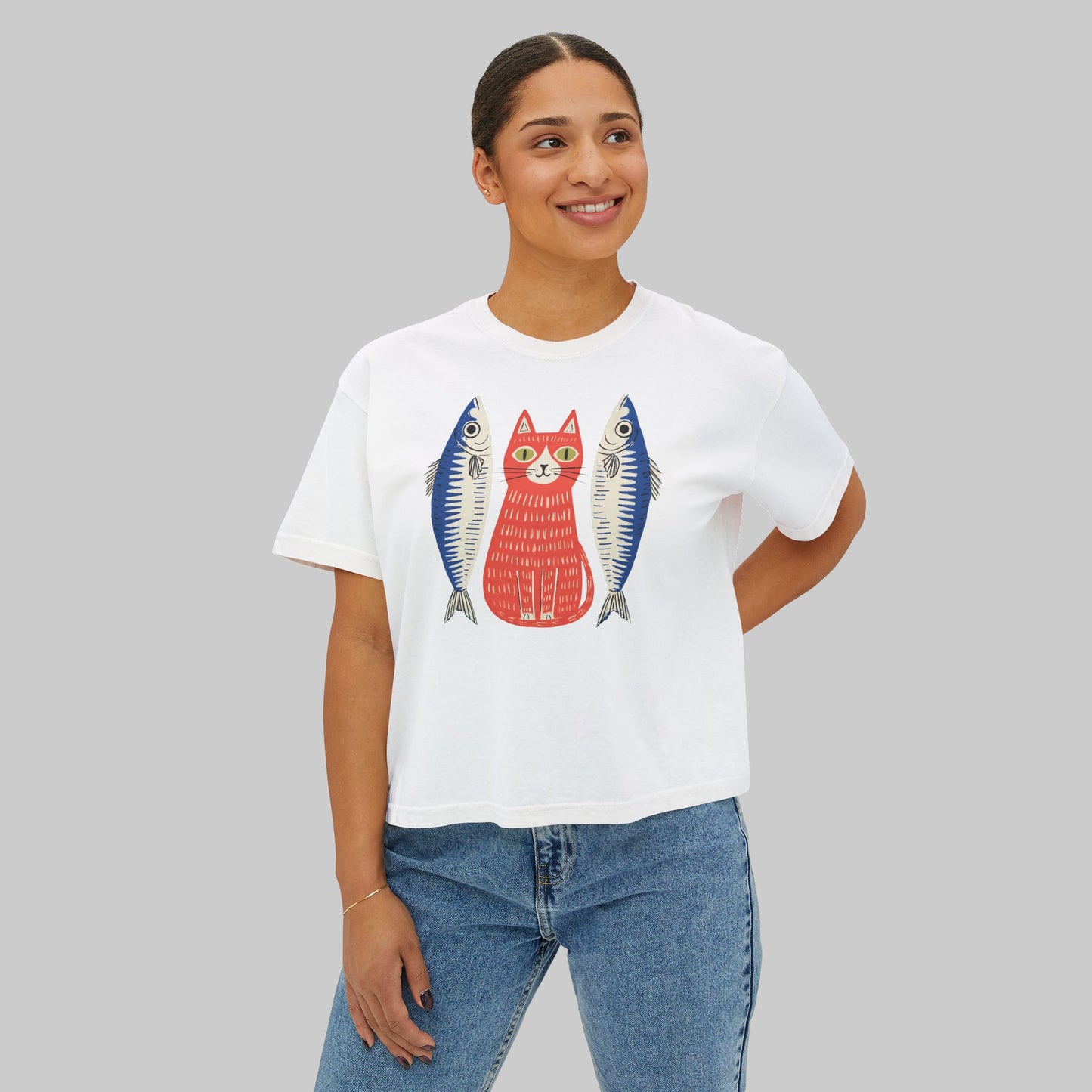 Women's Washed Cropped Top Tee — Whimsical Red Cat with Sardines Graphic Tee