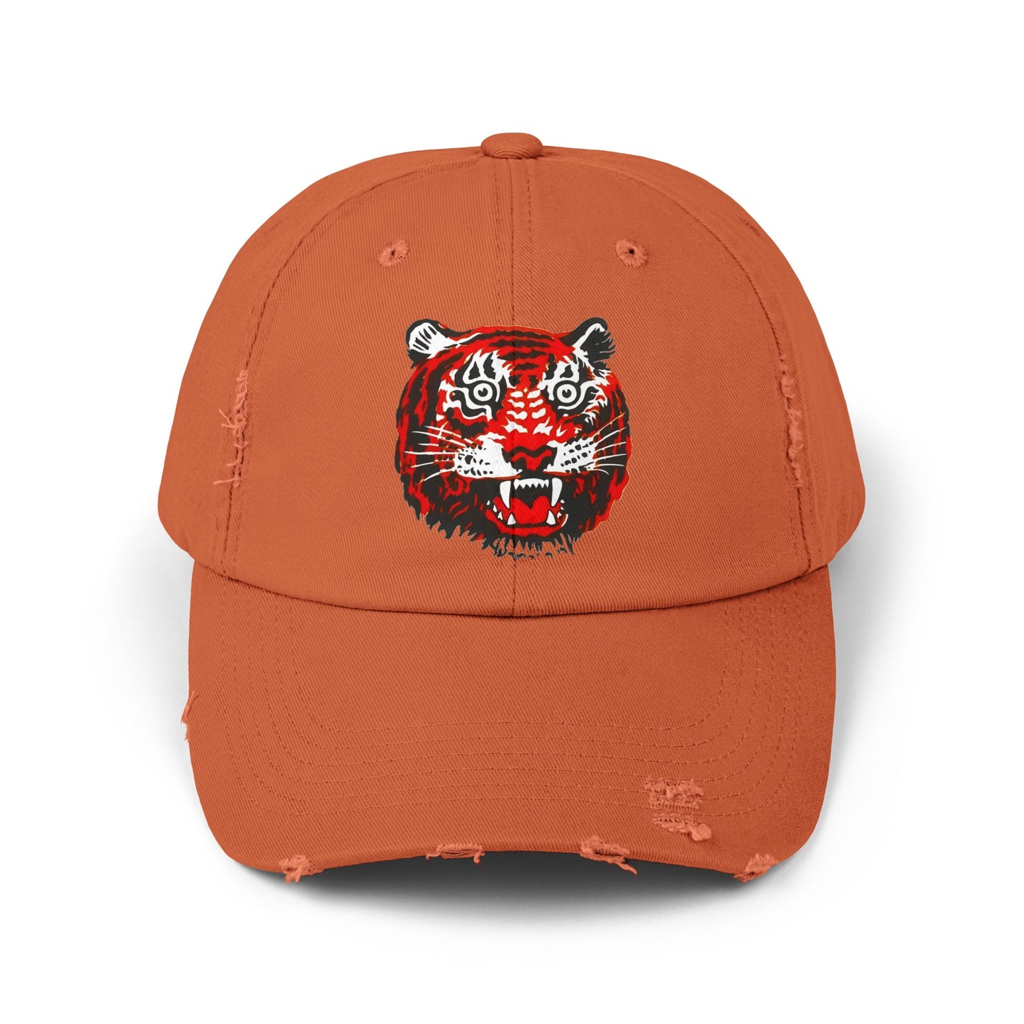 Distressed Cap with Embroidered Tiger Head