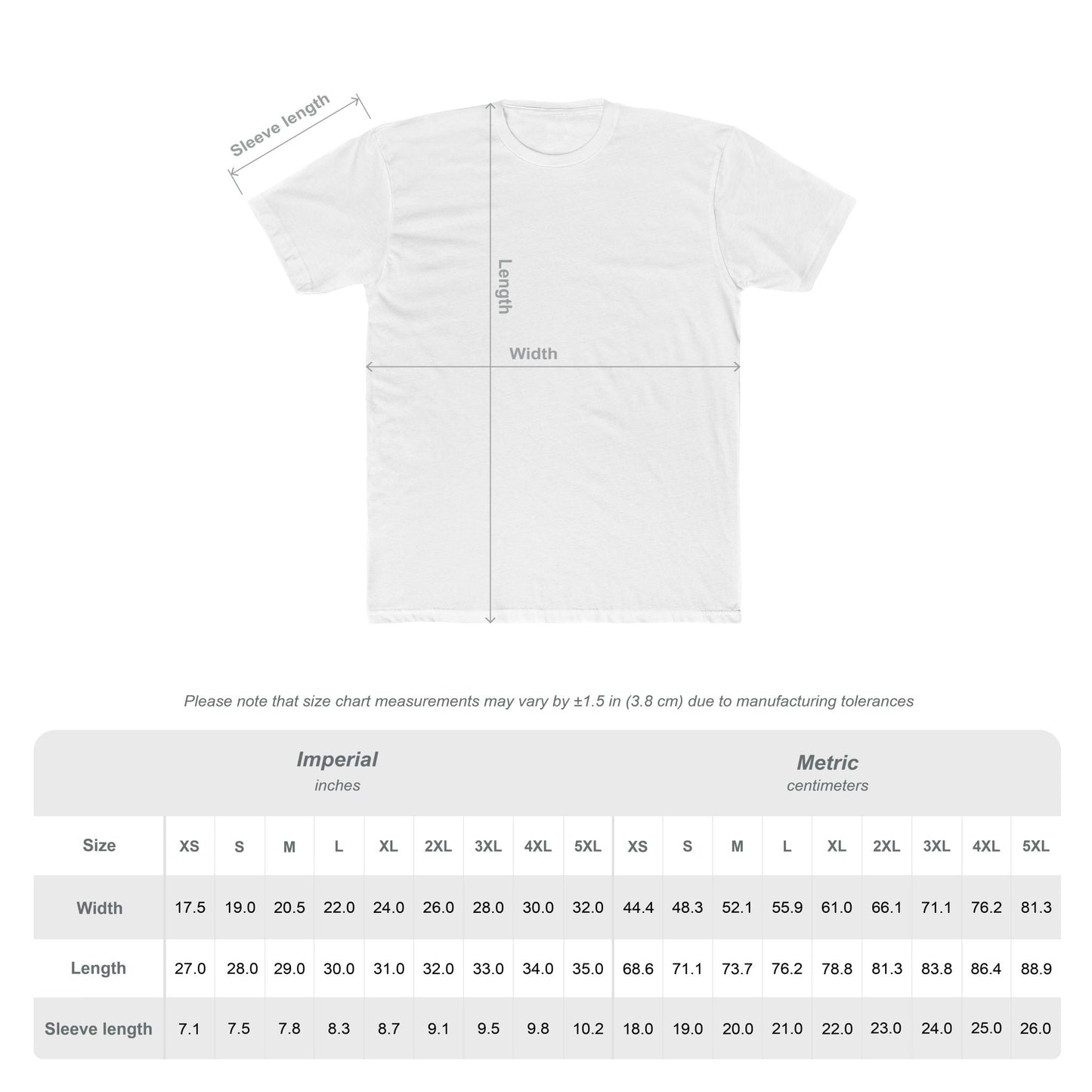 White t-shirt with measurement lines and a size chart for Next Level 3600 shirts.