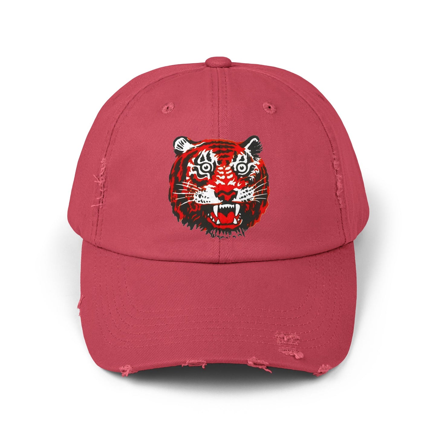 Distressed Cap with Embroidered Tiger Head