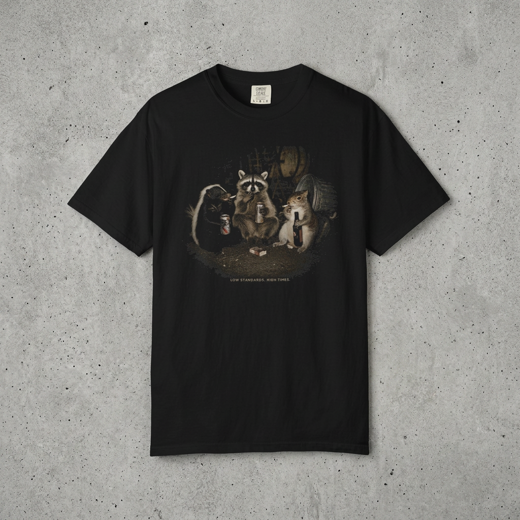 Low Standards Funny Raccoon, Skunk, Squirrel 90's Retro T-Shirt