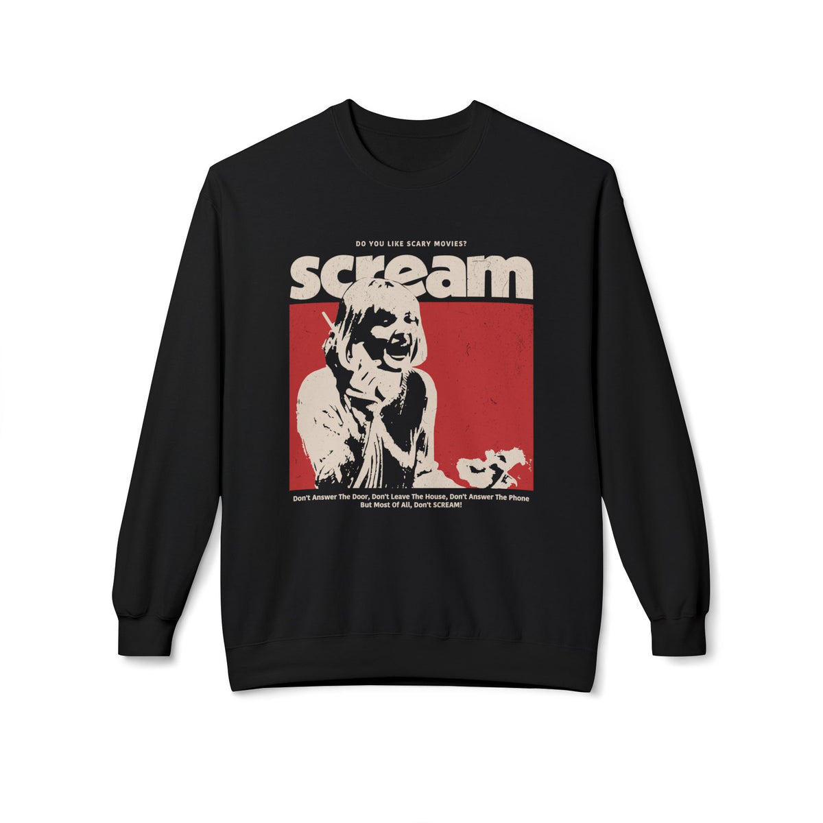 vintage horror sweatshirt black crewneck with distressed Scream retro graphic, VHS-style cracked typography and faded red print