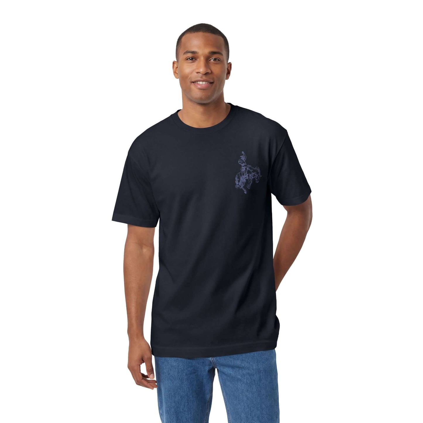 Rodeo Western Cowboy T-Shirt featuring cowboy-and-horse sketch on dark fabric for a classic streetwear look.