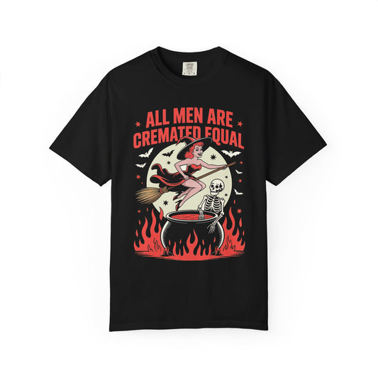 Spooky Funny Halloween Witch T-shirt - All Men Are Cremated Equally