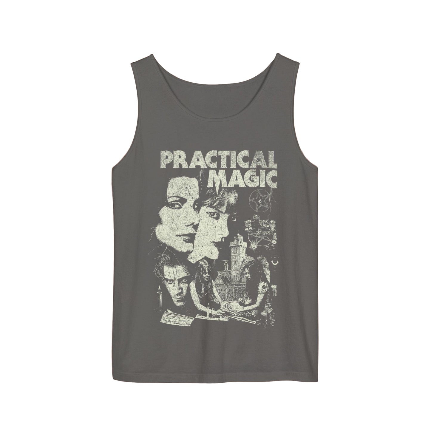 Gray tank top with 'Practical Magic' graphic design on a beige background