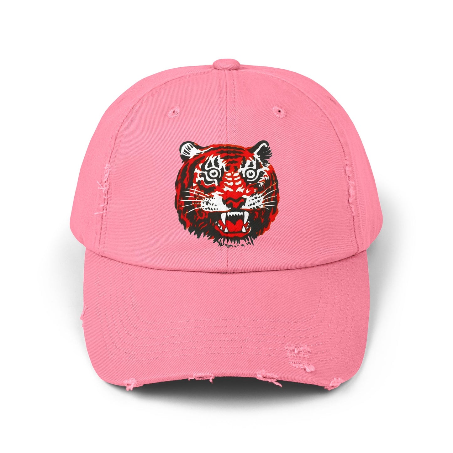 Distressed Cap with Embroidered Tiger Head