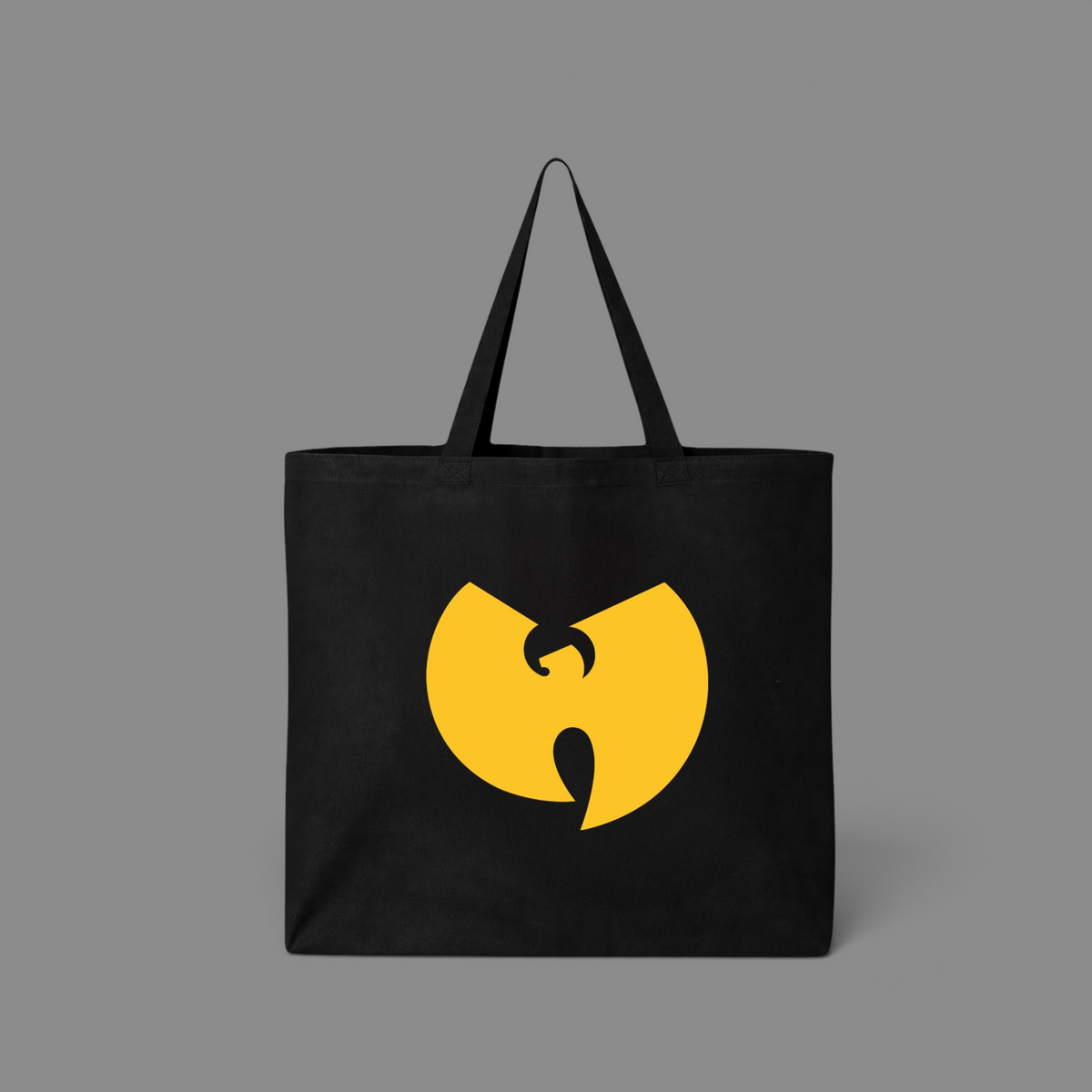 KILLER RETRO black heavy cotton canvas tote bag featuring the iconic yellow Wu-Tang Clan logo screen print