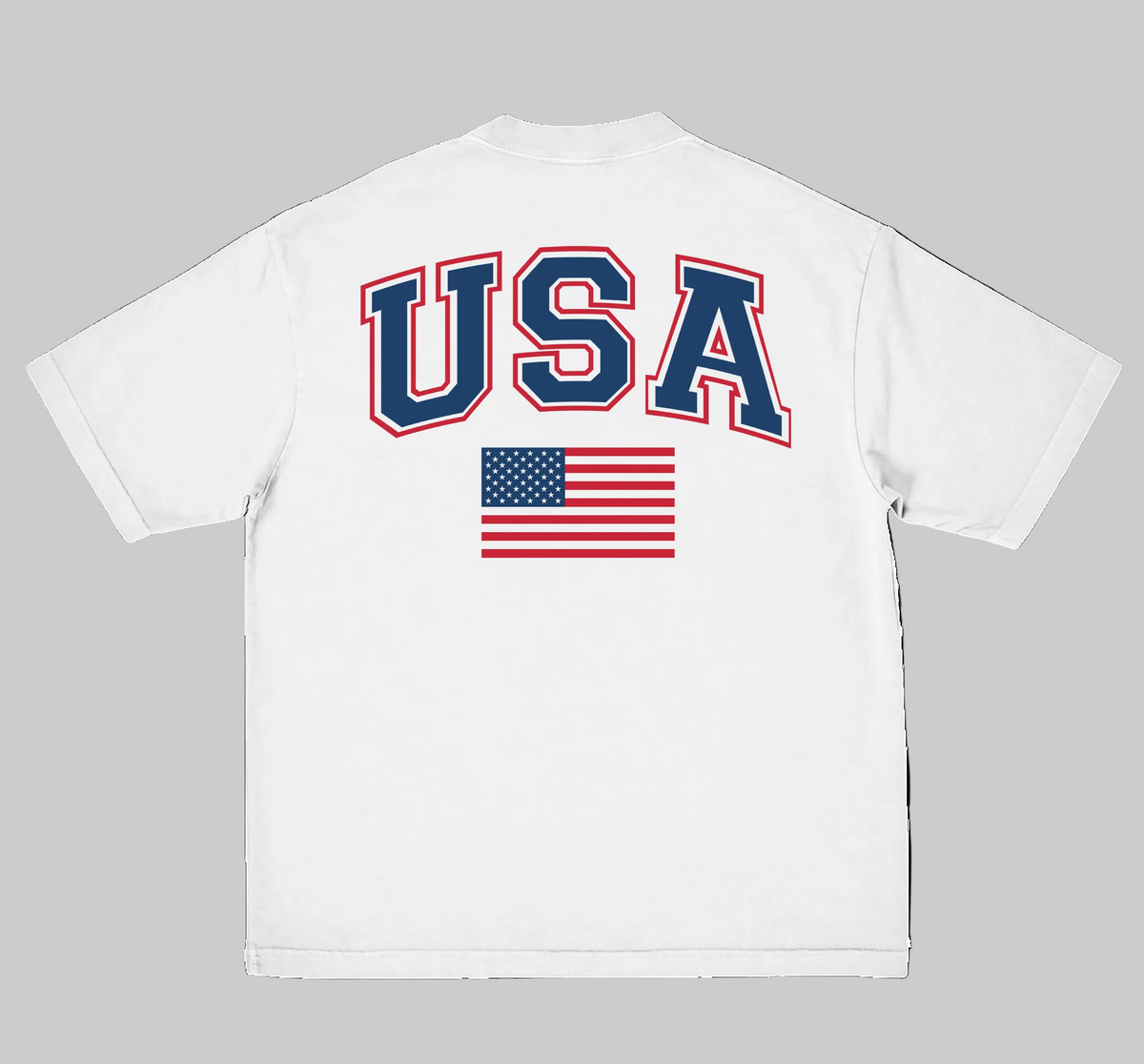 White t-shirt with 'USA' and American flag design on a white background