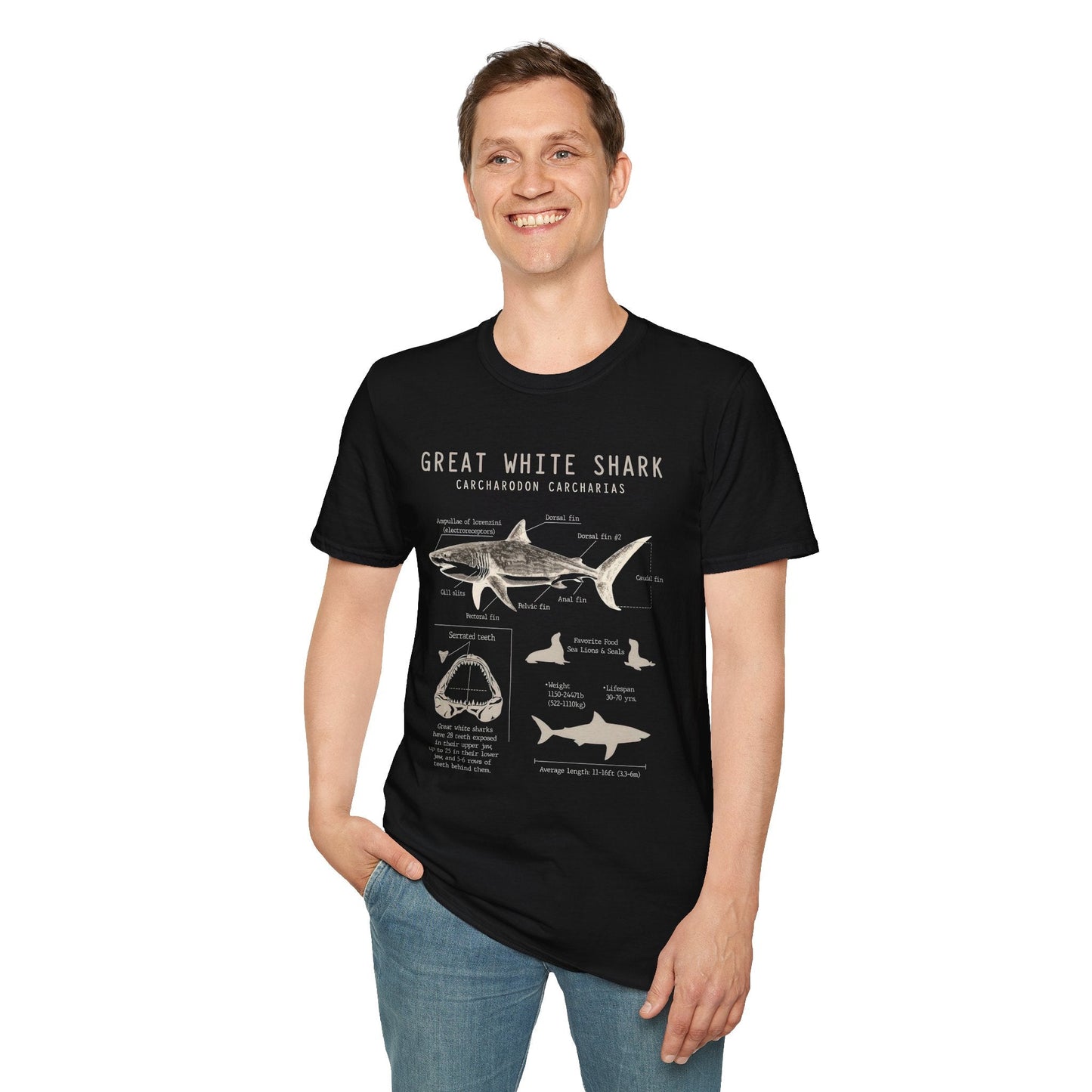 Great White Shark Anatomy Unisex T-Shirt, - KILLER RETRO