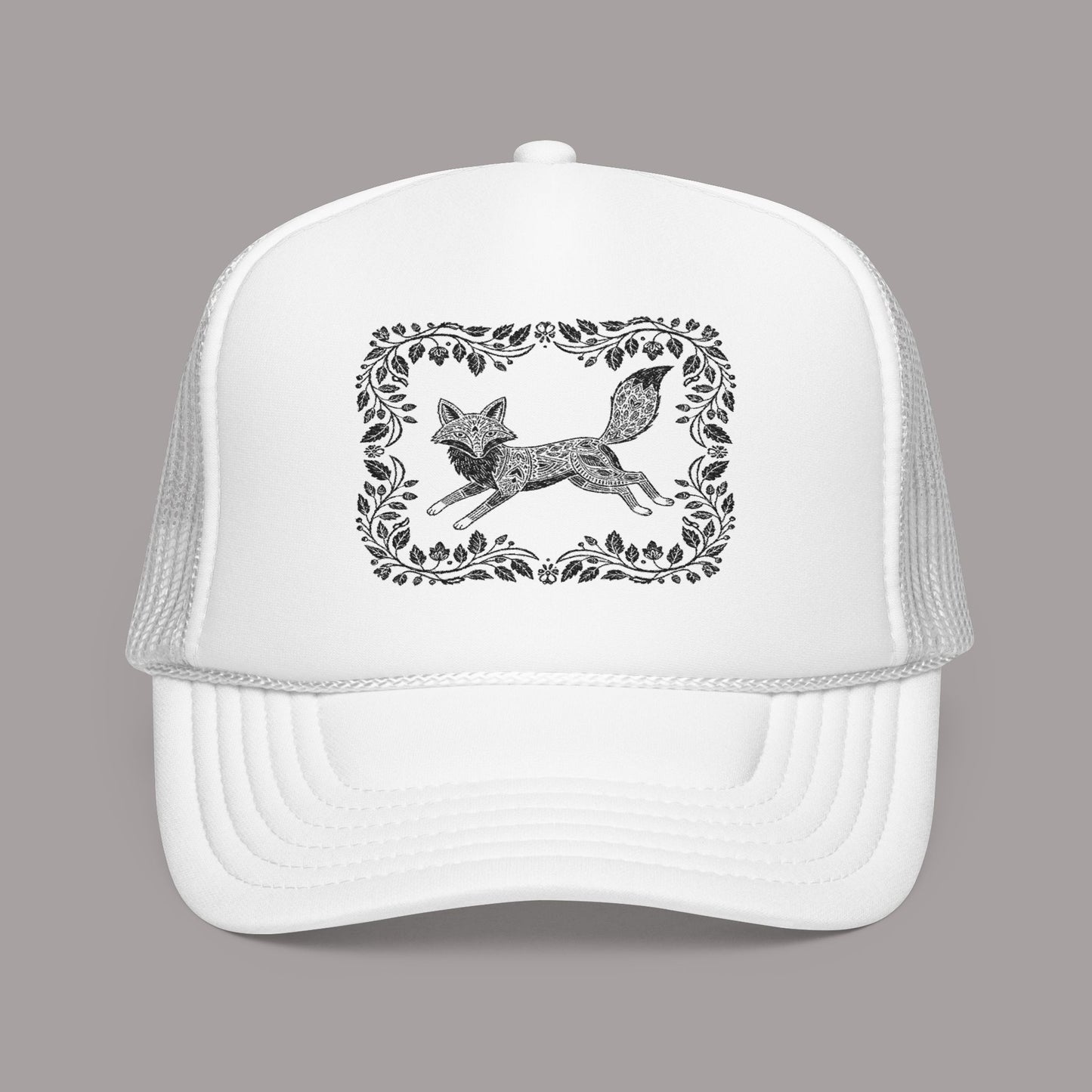 Embroidered Fox Floral Trucker Hat — Vintage Woodland Foam Cap