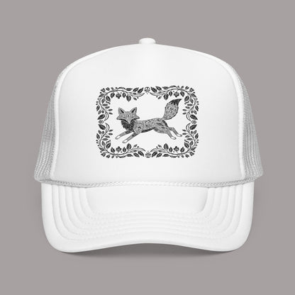 Embroidered Fox Floral Trucker Hat — Vintage Woodland Foam Cap