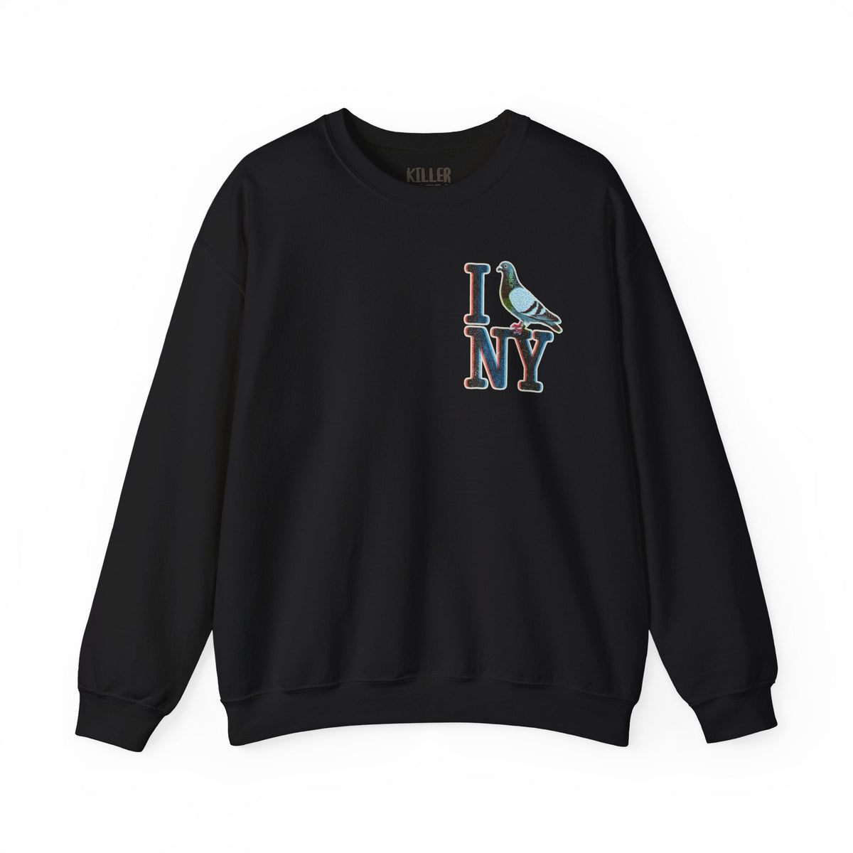 Alt Tag: I Pigeon NY crewneck sweatshirt black crewneck with I NY pigeon graphic, cozy NYC-inspired pullover