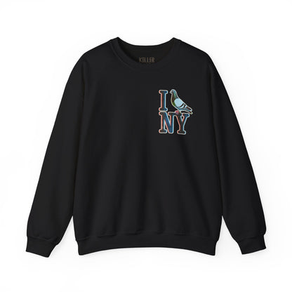 Alt Tag: I Pigeon NY crewneck sweatshirt black crewneck with I NY pigeon graphic, cozy NYC-inspired pullover