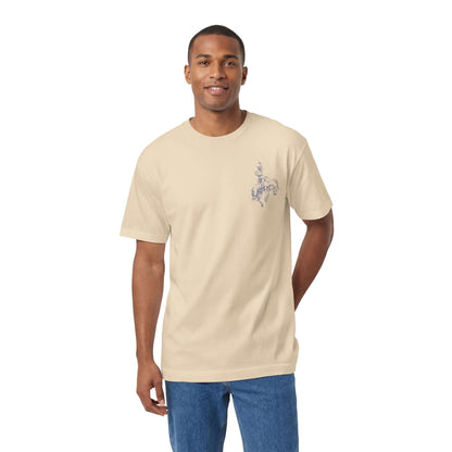 Rodeo Western Cowboy T-Shirt featuring a cowboy-and-horse sketch on a beige graphic tee.