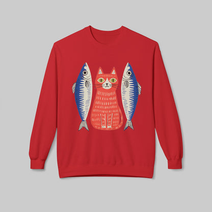 Retro Red Cat with Sardines Crewneck