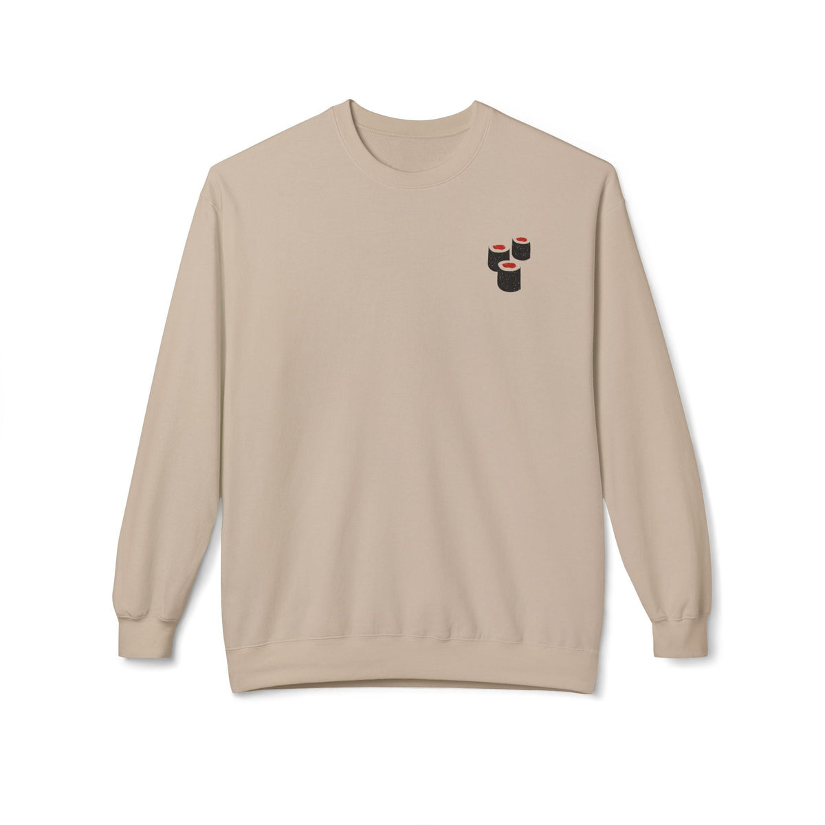 Alt Tag: vintage sushi kaiju sweatshirt front view beige crewneck with small sushi motif over the heart
