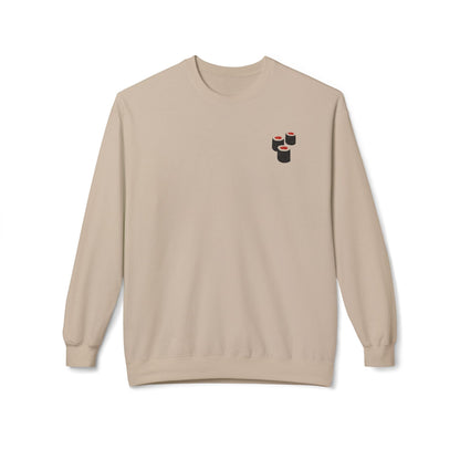 Alt Tag: vintage sushi kaiju sweatshirt front view beige crewneck with small sushi motif over the heart