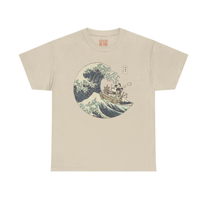 Mickey Mouse Great Wave of Kanagawa t-shirt beige tee with ukiyo-e wave graphic and Mickey on a boat, Japanese art inspired