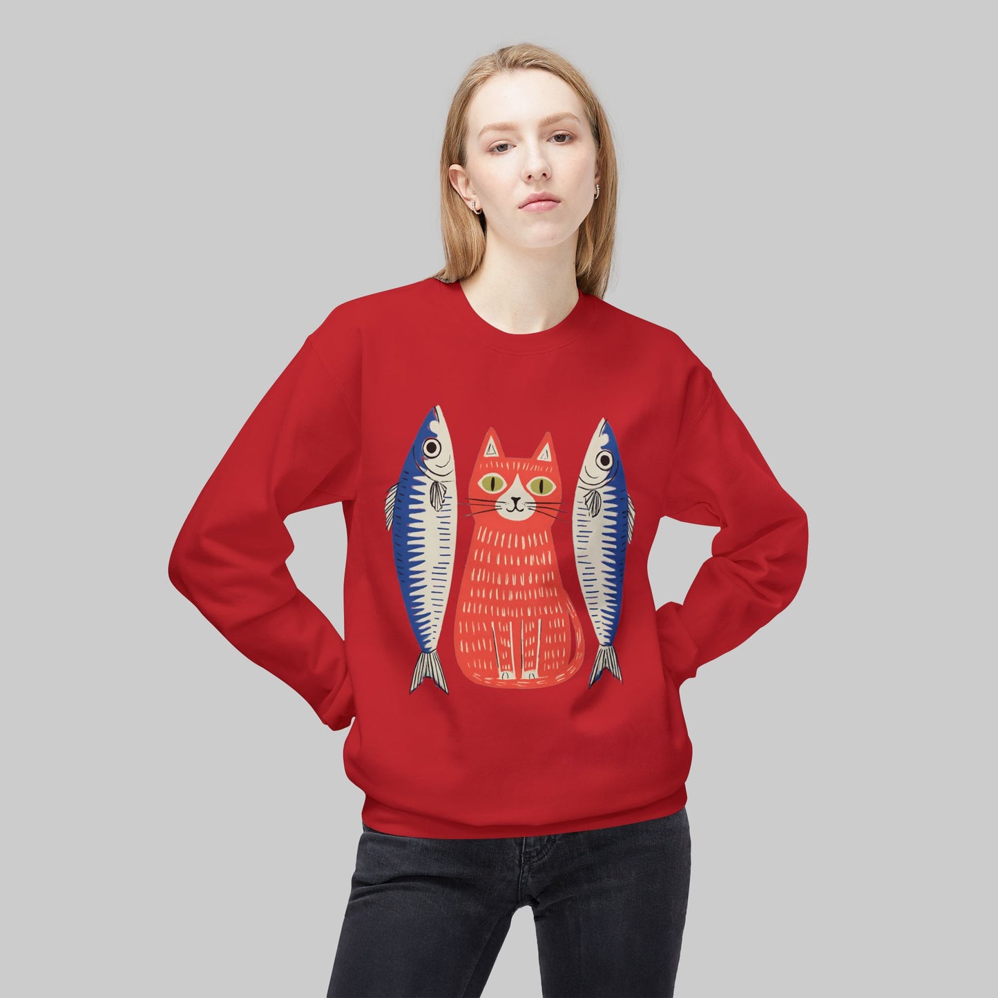 Retro Red Cat with Sardines Crewneck