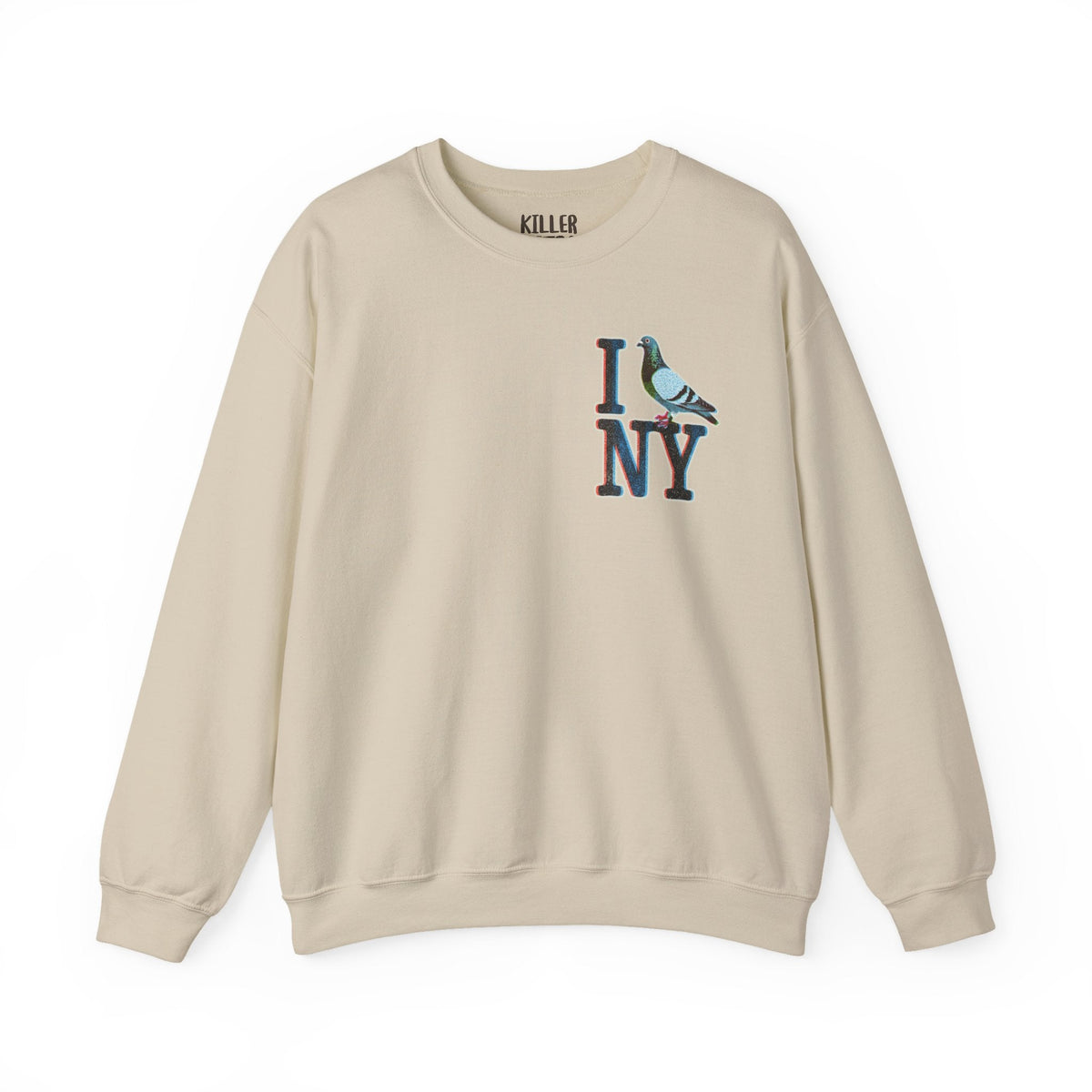 Alt Tag: I Pigeon NY crewneck sweatshirt in beige with small I NY pigeon emblem graphic on chest, cozy midweight NYC-inspired pullover