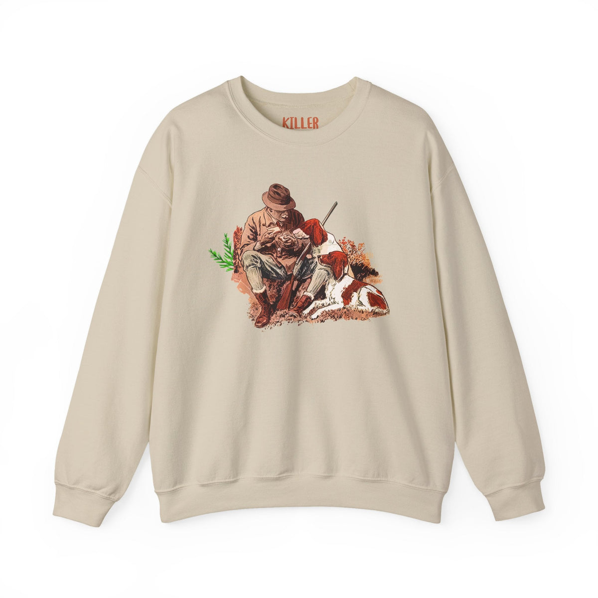 hunter and hound vintage crewneck sweatshirt featuring vintage hunter and loyal hound illustration on cozy cream crewneck