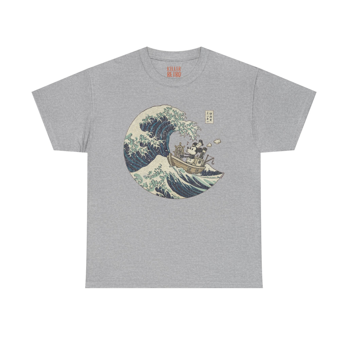 Mickey Mouse Great Wave of Kanagawa t-shirt on heather gray tee, ukiyo-e wave graphic with boat scene, Japan-inspired design