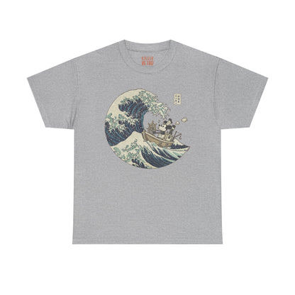 Mickey Mouse Great Wave of Kanagawa t-shirt on heather gray tee, ukiyo-e wave graphic with boat scene, Japan-inspired design