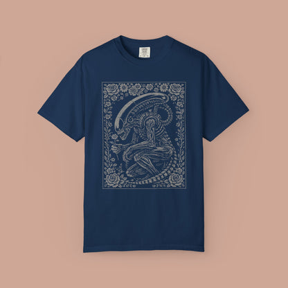 Alien Xenomorph Illustration T-shirt | Vintage Floral Frame