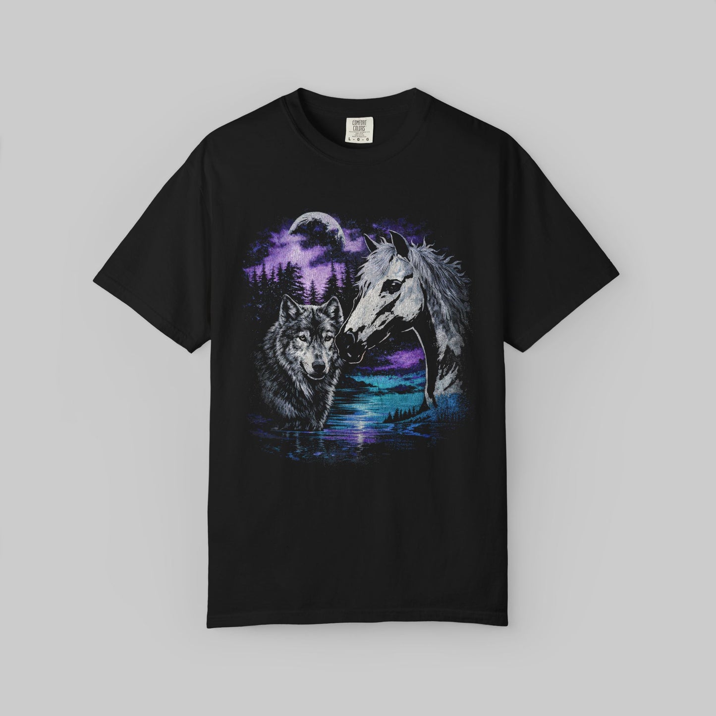 Wolf and Horse Moon T-Shirt | Night Forest Wildlife Scene