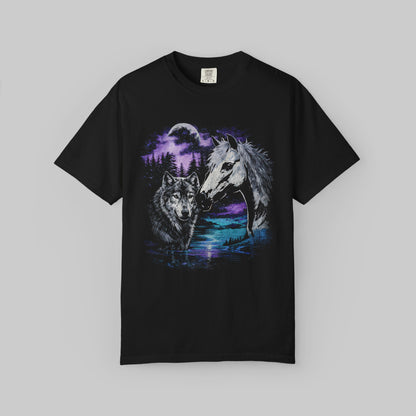 Wolf and Horse Moon T-Shirt | Night Forest Wildlife Scene