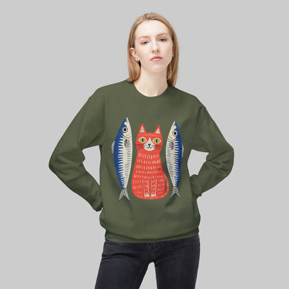 Retro Red Cat with Sardines Crewneck
