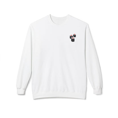 vintage sushi kaiju sweatshirt front view white crewneck with small sushi chest graphic