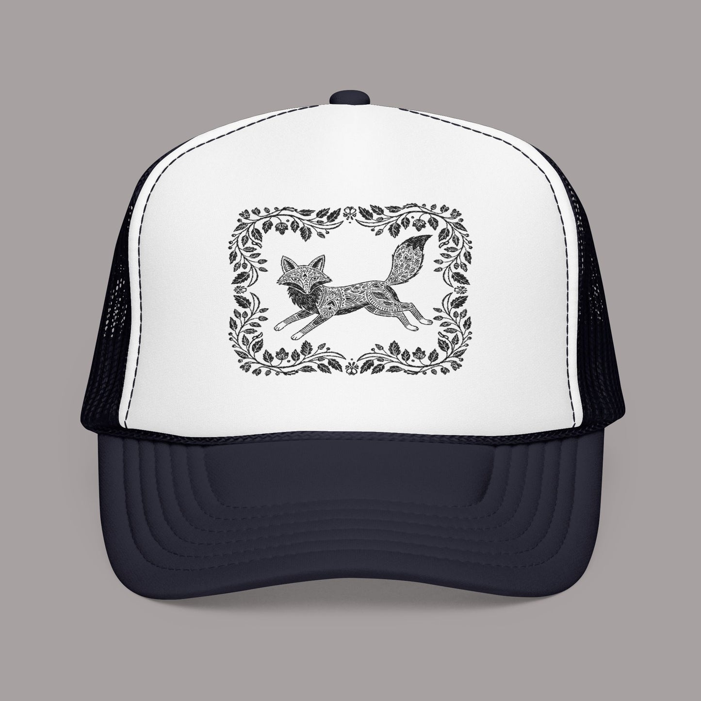 Embroidered Fox Floral Trucker Hat — Vintage Woodland Foam Cap