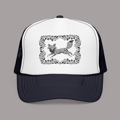 Embroidered Fox Floral Trucker Hat — Vintage Woodland Foam Cap