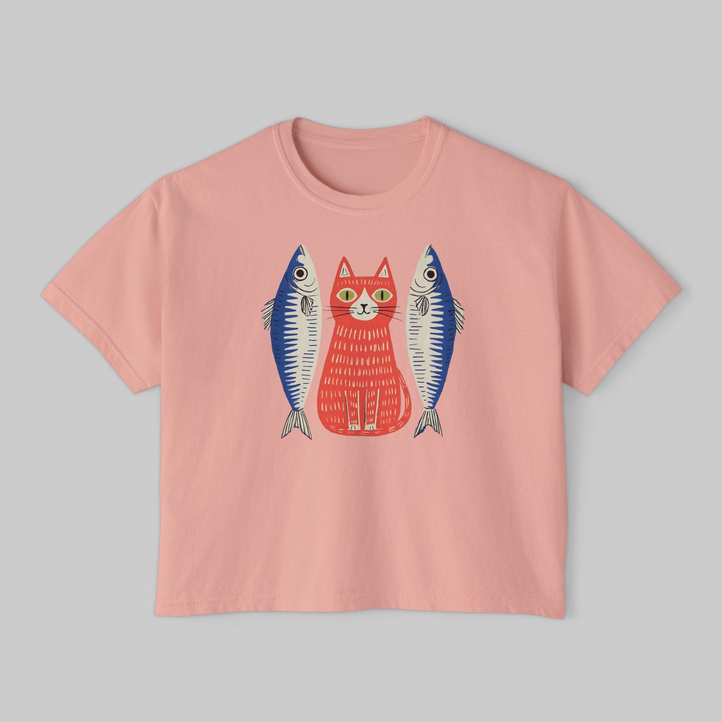 Women's Washed Cropped Top Tee — Whimsical Red Cat with Sardines Graphic Tee