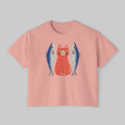 Women's Washed Cropped Top Tee — Whimsical Red Cat with Sardines Graphic Tee