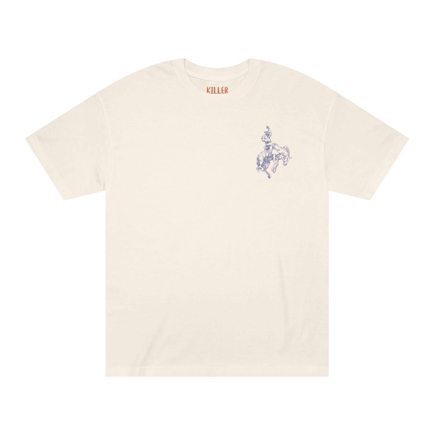 rodeo western cowboy t-shirt front view, cream tee with small cowboy riding horse sketch on left chest