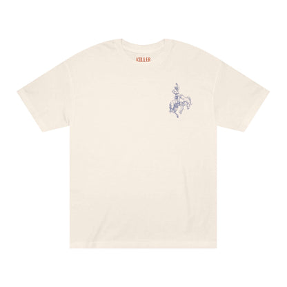 rodeo western cowboy t-shirt front view, cream tee with small cowboy riding horse sketch on left chest