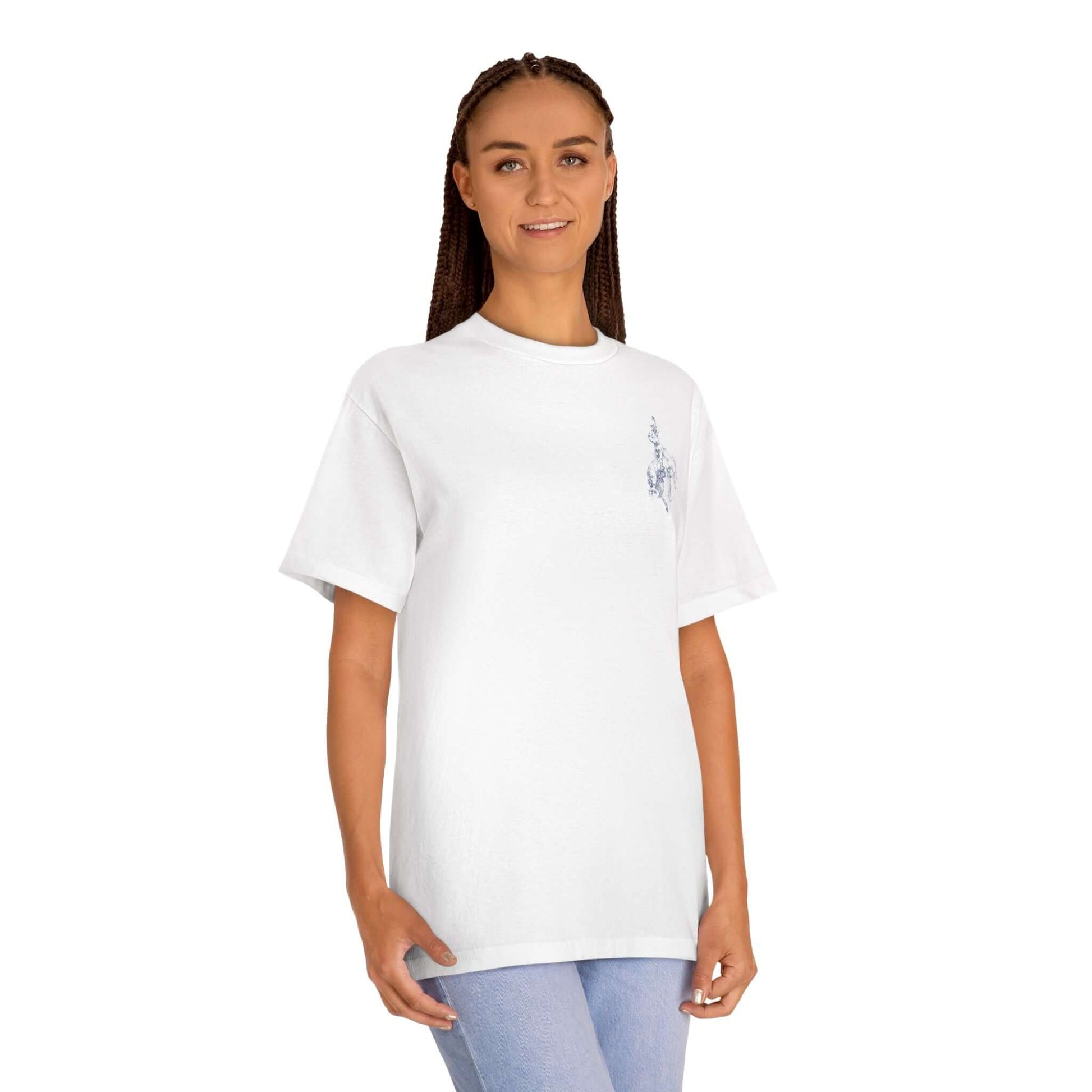 Rodeo Western Cowboy T-Shirt featuring a small cowboy-and-horse sketch on a classic white graphic tee.