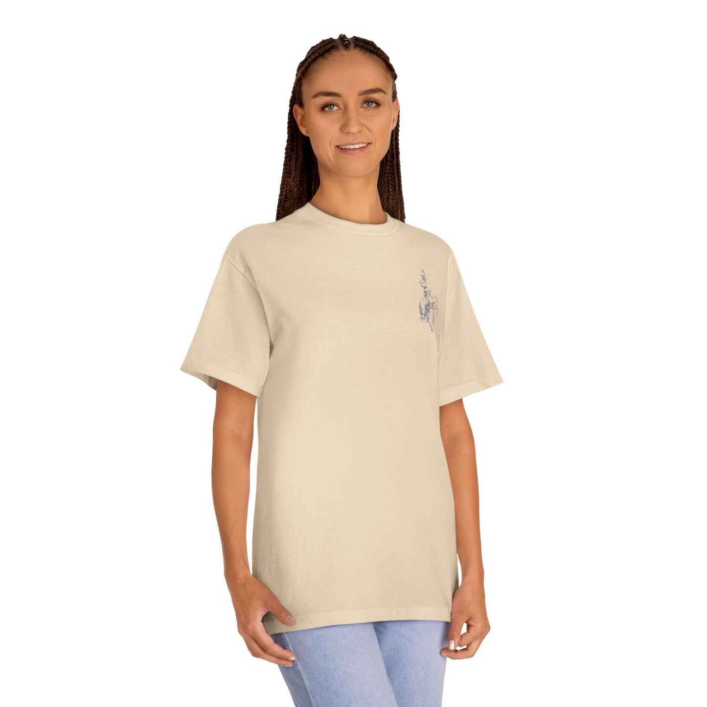 Rodeo Western Cowboy T-Shirt featuring a small cowboy-and-horse sketch on a beige graphic tee.
