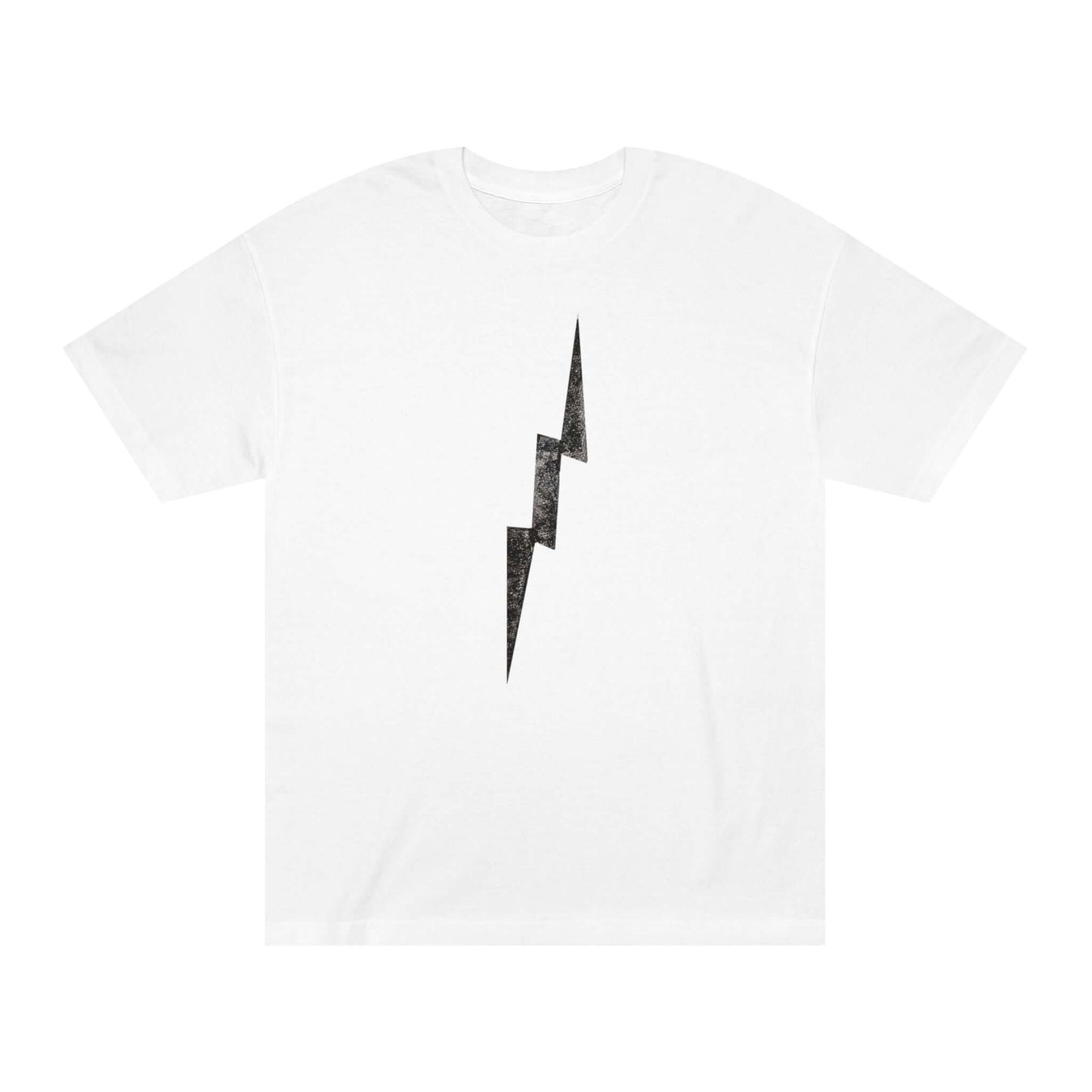 Alt Tag: distressed lightning bolt t-shirt white cotton tee with distressed black lightning bolt graphic down the center