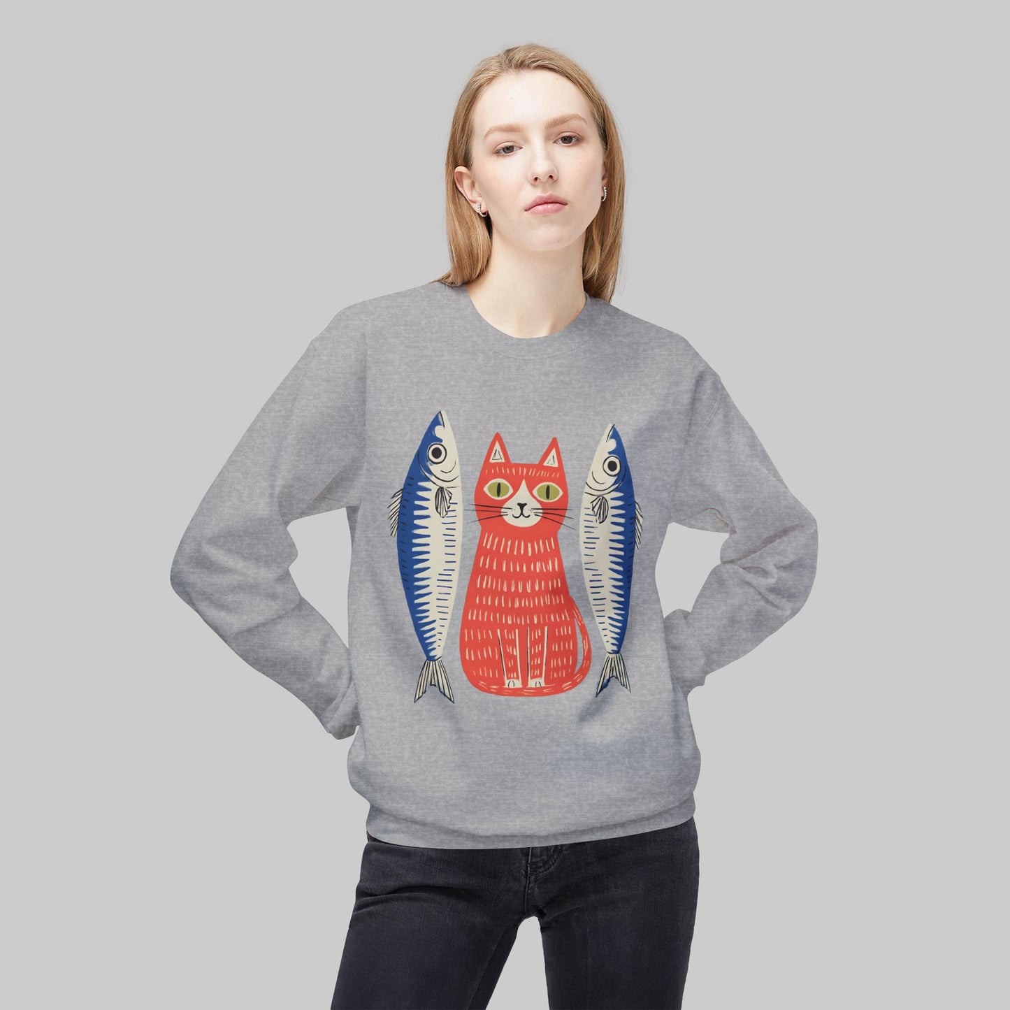 Retro Red Cat with Sardines Crewneck