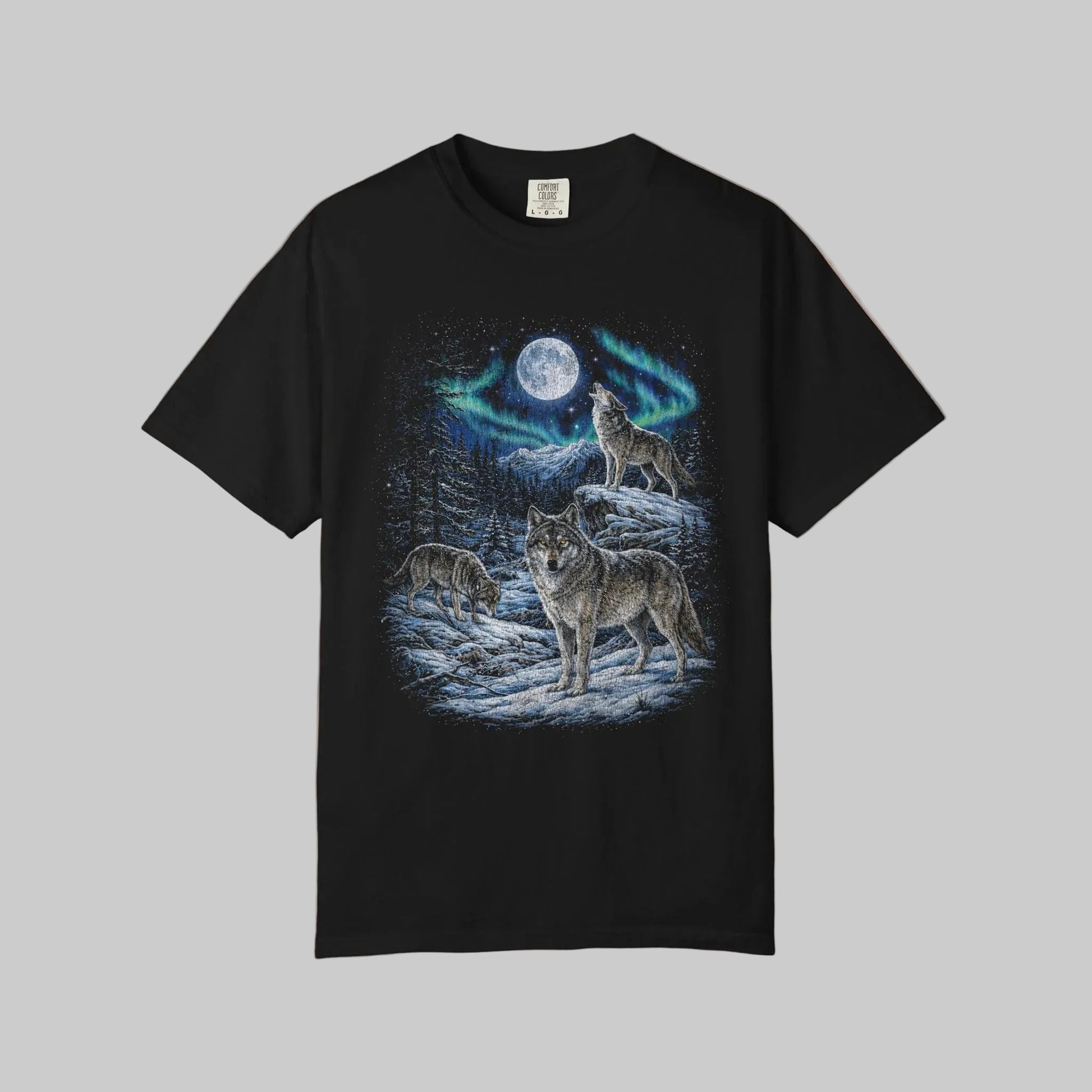 Black t-shirt with wolf design on a beige background