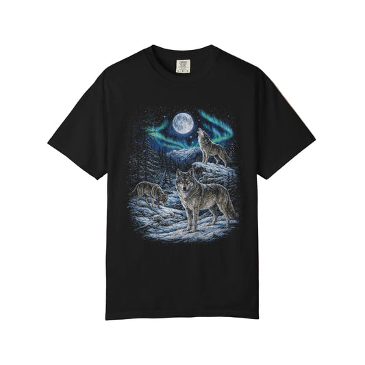 Black t-shirt with wolf design on a beige background