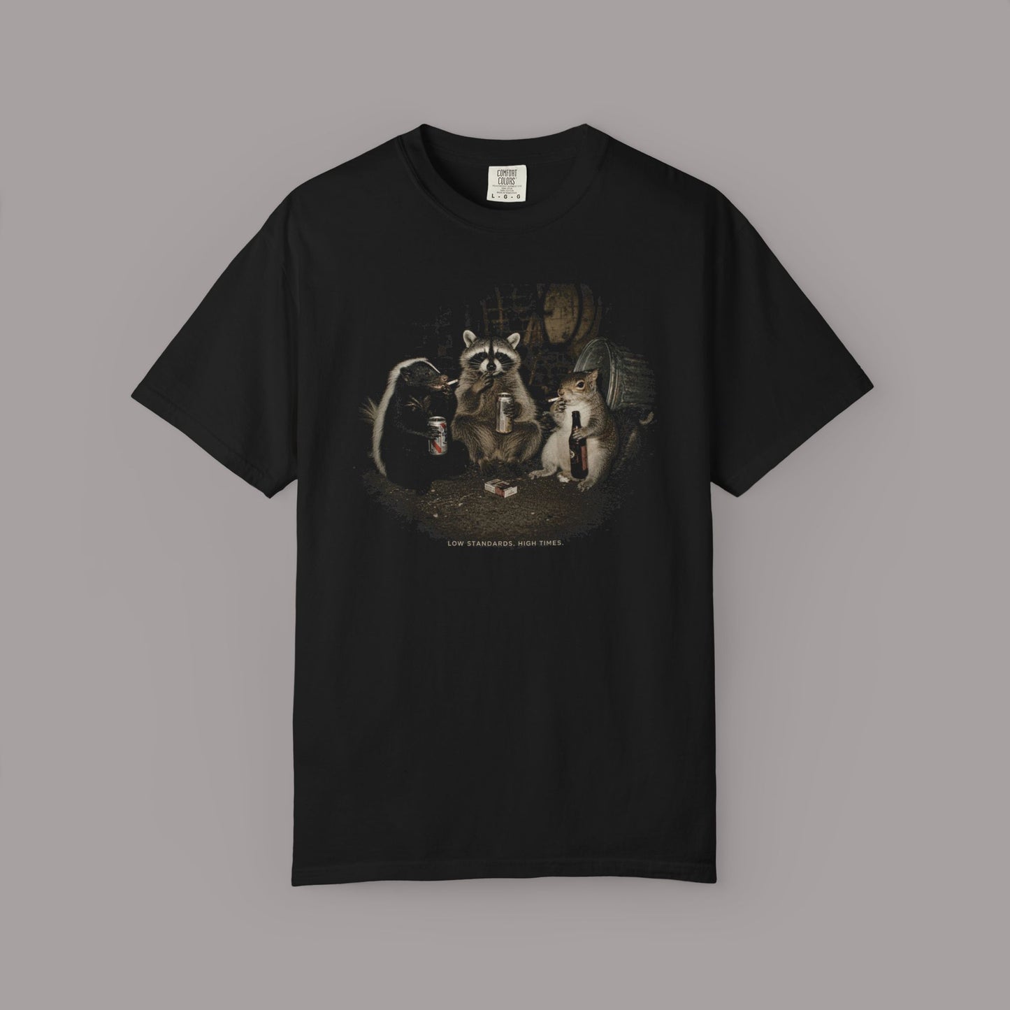 Low Standards Funny Raccoon, Skunk, Squirrel 90's Retro T-Shirt