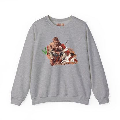 hunter and hound vintage crewneck sweatshirt in heather gray with classic outdoor hunter and dog illustration, cozy medium-heavy knit