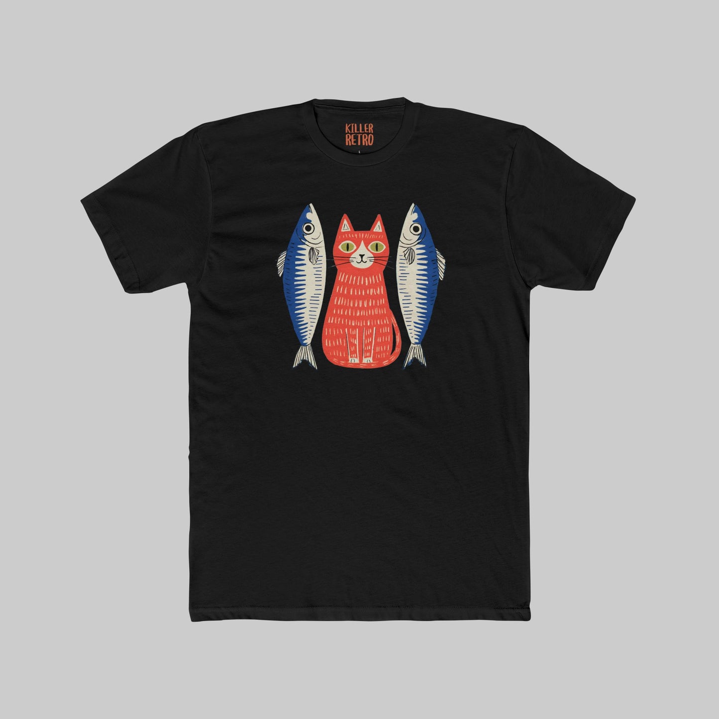 Retro Cat & Sardines Graphic T-Shirt — Colorful Hand-Drawn Vintage Tee