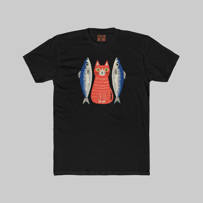 Retro Cat & Sardines Graphic T-Shirt — Colorful Hand-Drawn Vintage Tee