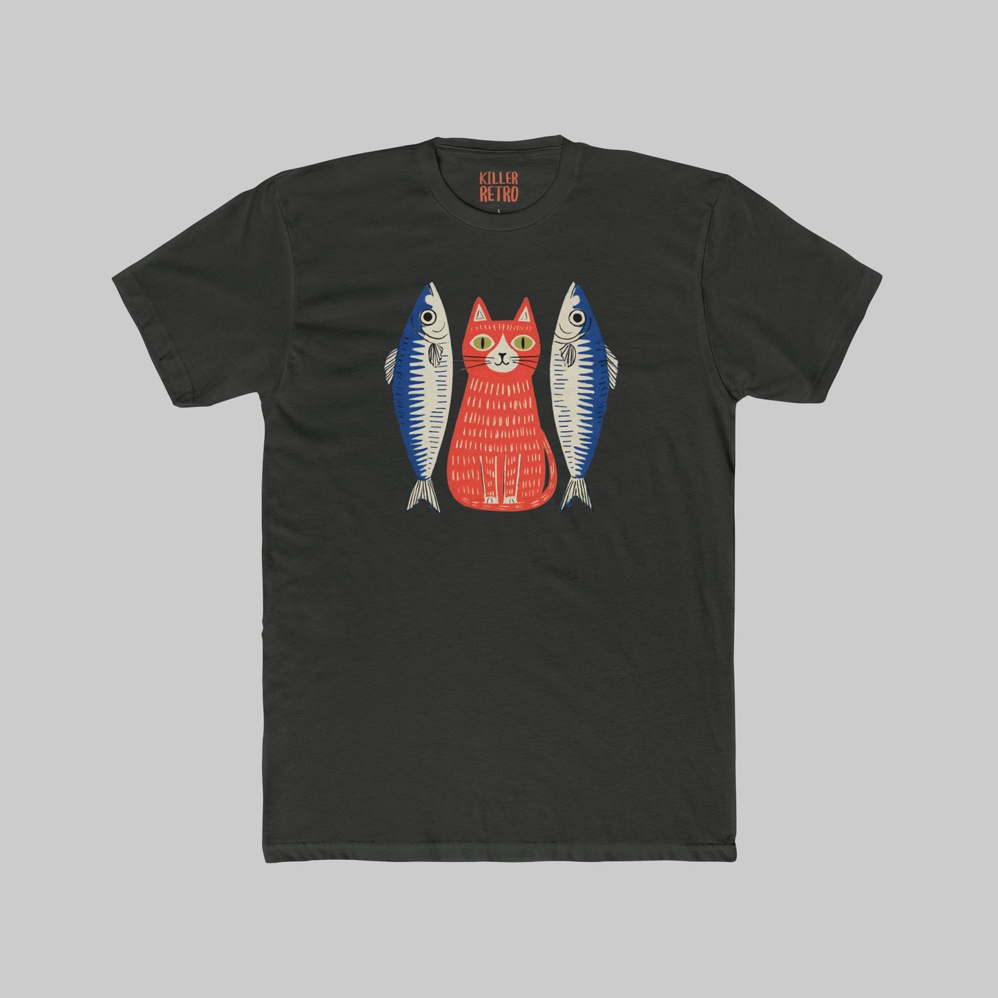 Retro Cat & Sardines Graphic T-Shirt — Colorful Hand-Drawn Vintage Tee