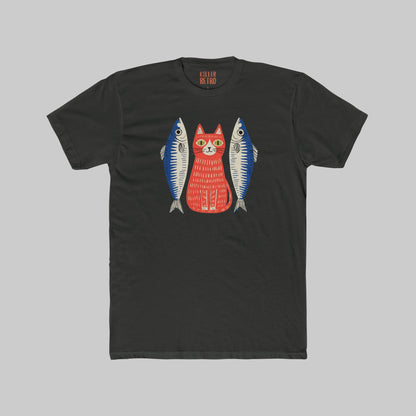 Retro Cat & Sardines Graphic T-Shirt — Colorful Hand-Drawn Vintage Tee